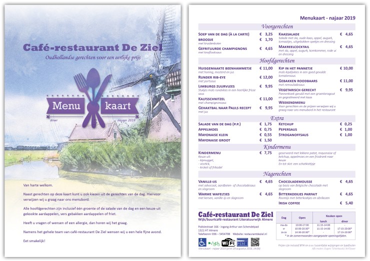 Café-restaurant De Zie, menukaart najaar 2019