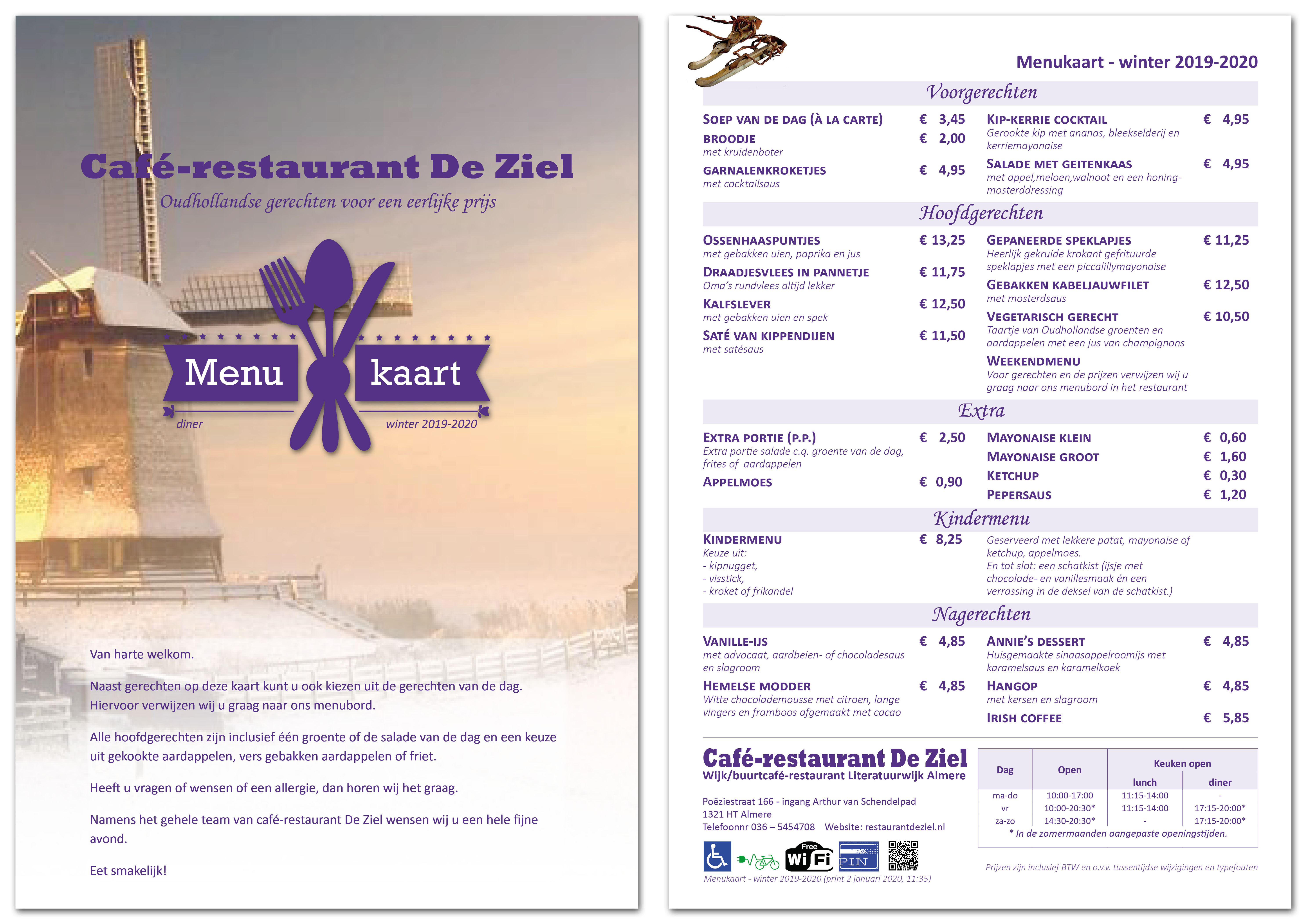 Café-restaurant De Ziel, Almere, menukaart, diner, menu