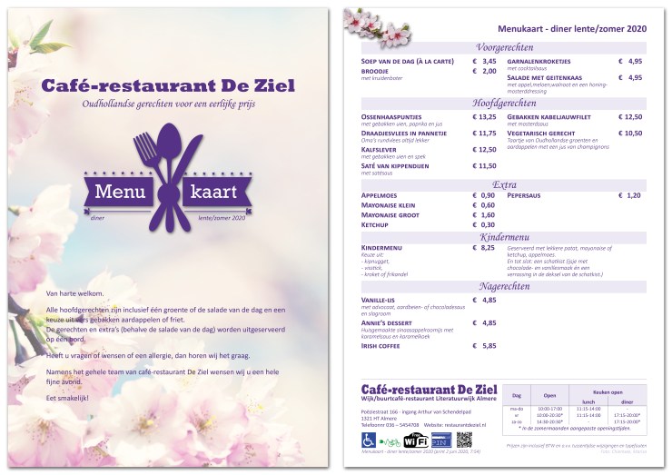 Café-restaurant De Ziel, menu, menukaart, diner, Almere