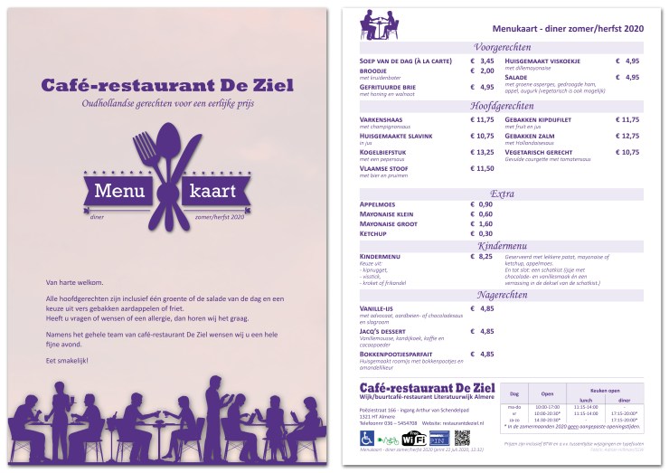 Café-restaurant De Ziel - menukaart - Almere - diner - menu