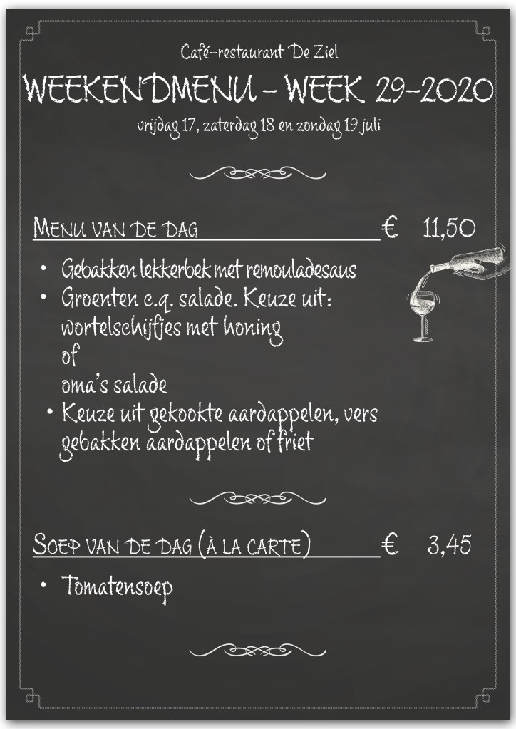 Café-restaurant De Ziel, Almere, weekendmenu, menukaart, menu