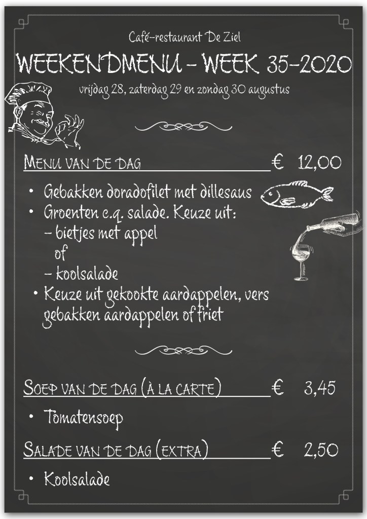 Café-restaurant De Ziel, Almere, weekendmenu, menukaart, menu