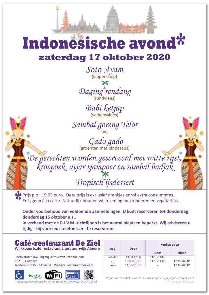 Café-restaurant De Ziel, Almere, menu, themamenu