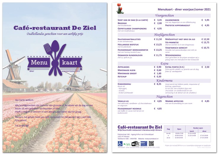 Café-restaurant De Ziel, menu, menukaart, diner, Almere