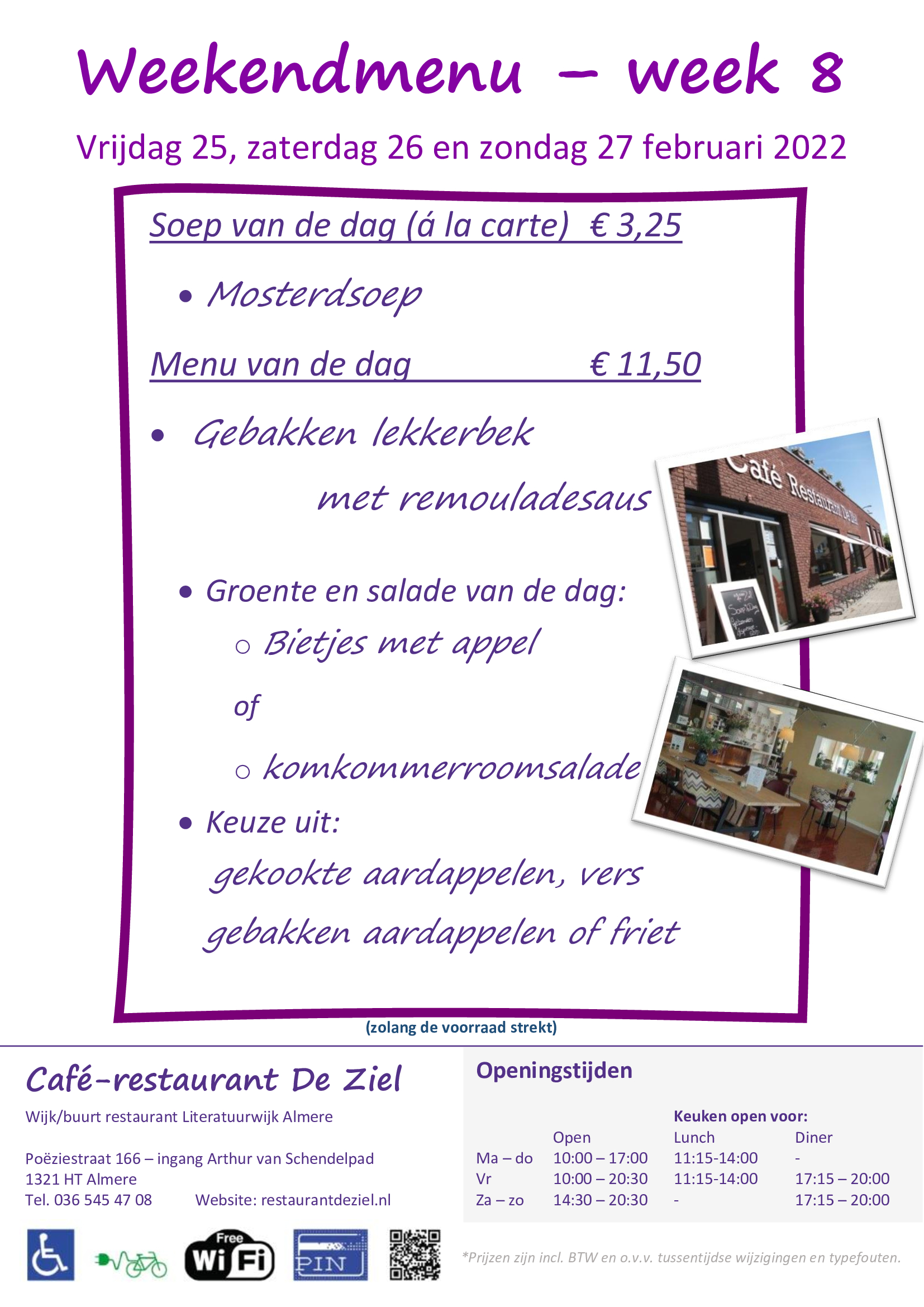Café-restaurant De Ziel, Weekendmenu,