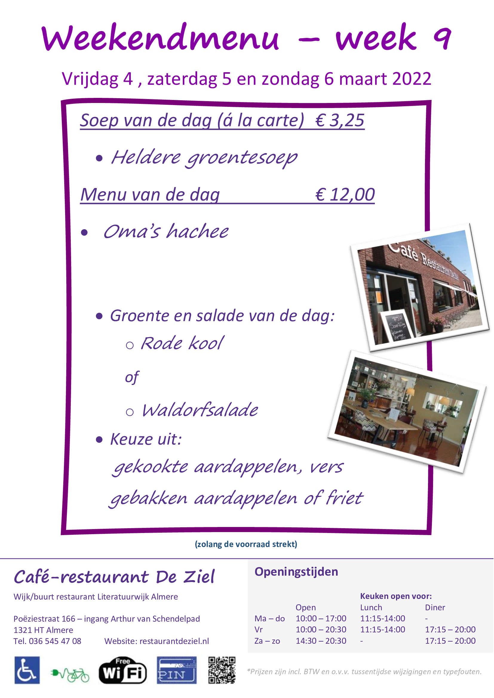 Café-restaurant De Ziel, Weekendmenu,